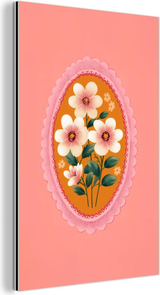 MuchoWow Wanddekoration Metall Metallbild Wandkunst 20x30 cm Illustration - Blumen - Bordüre - Rosa MuchoWow Aluminium Gemälde - Alu Dibond Bild