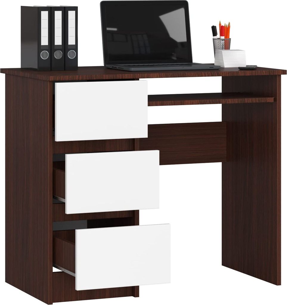 BDW, Computertisch mit 3 Schubladen, Tastaturauszug, 90x77x50 cm, Venga / Weiß (Links)