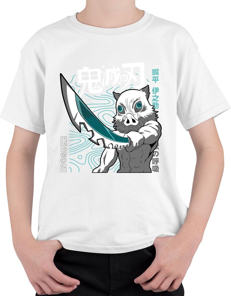 Inosuke Dämonenjäger Anime Ebermaske Schwert Manga Fan Geschenk Uni Kinder T-Shirt, Weiß, 140