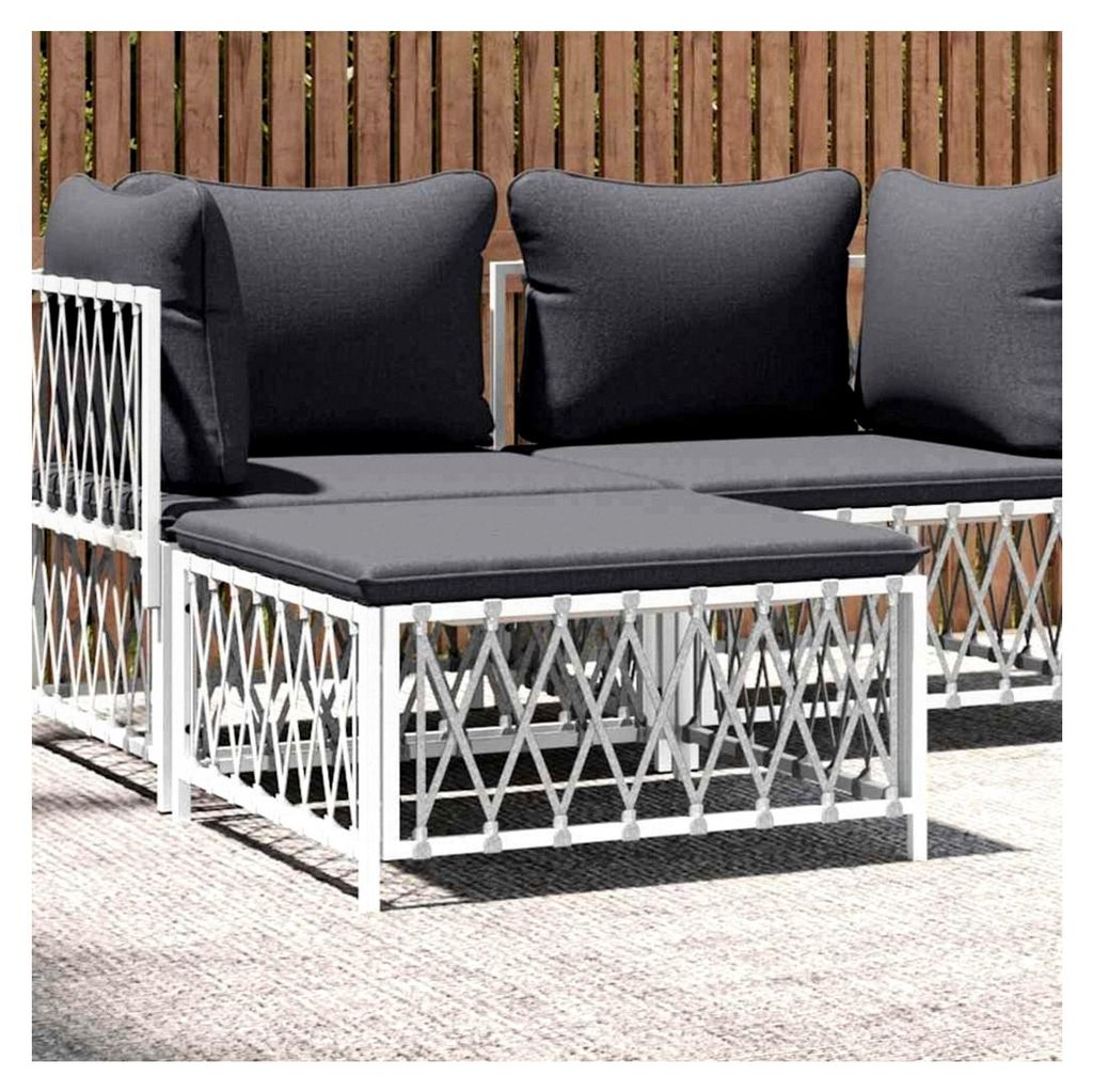 Gartenhocker mit Kissen, Weißes Gewebe, 70x70x34 cm, Modulares Design, Möbel für Terrasse, Balkon, Garten