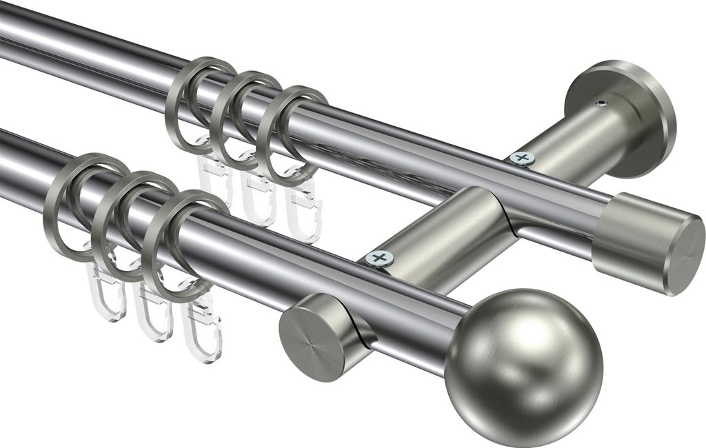 Interdeco Gardinenstange / Vorhangstange Chrom / Edelstahl-Optik, Typ Platon Luino (Kugel), 20 mm Ø 2-läufig, 220 cm