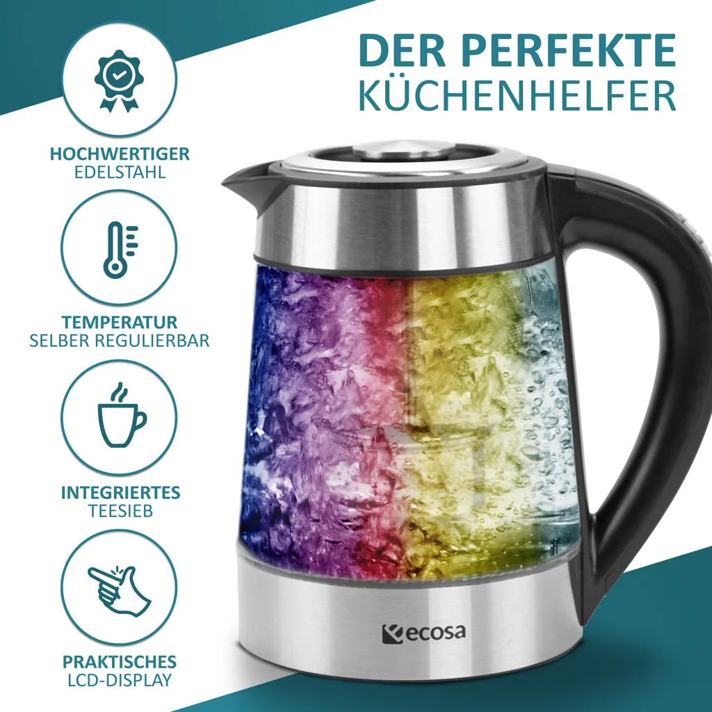 Bouilloire inox et verre 2200W écran LCD avec 5 couleurs LED design - 3