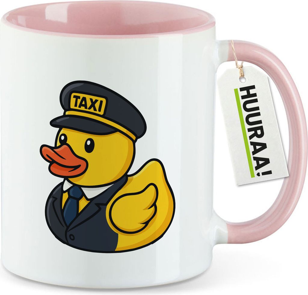 Huuraa Kaffeetasse Quietscheente Taxi-Fahrer Gummiente Chauffeur 330ml Rosa Keramik Kaffeebecher Geschenkidee