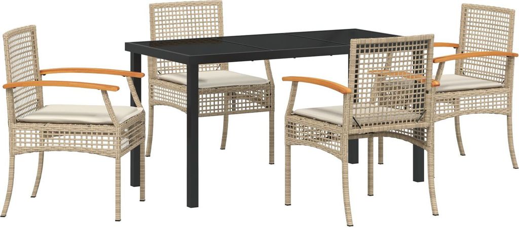 Möbel 5 Teiliges Garten-Ess-Set mit Kissen Beige Poly-Rattan - Gartenstühle 3380829