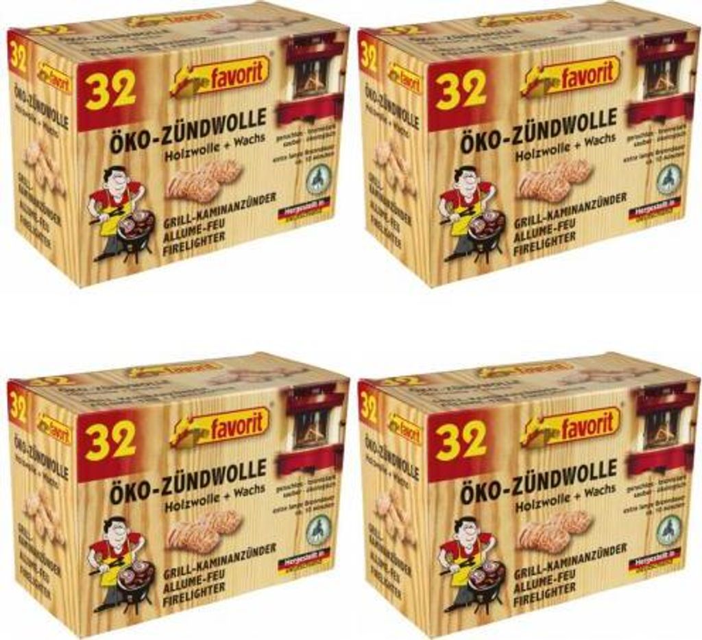 4 x Favorit Öko Zündwolle Grill Kamin Ofen Anzünder 32 Stück