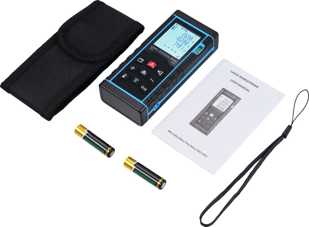 80M Laser-Entfernungsmesser, Wasserwaage, Pythagoräischer Laser, Flächen-, Volumenmessung, Max/Min-Messung, 20 Speicher, IP54 Wasserdicht
