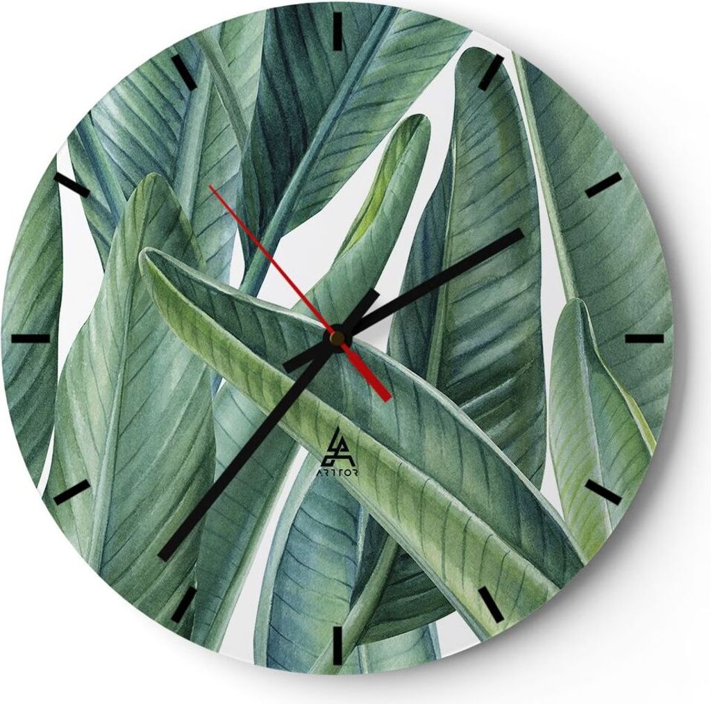 Wanduhr - Rund - Glasuhr - Exotisch Blätter Grün - 40x40cm - Schleichendes Uhrwerk - Lautlos - zum Aufhängen bereit - Dekoration Modern - Wandde...