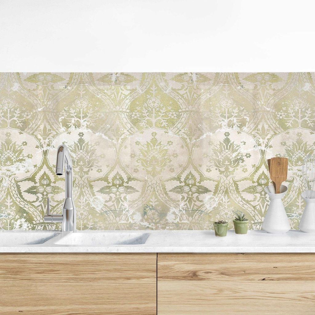 Küchenrückwand Muster selbstklebend - 0.65 mm Wandpaneel wasserfest Ornament beige Vintage Spritzschutz fugenlos