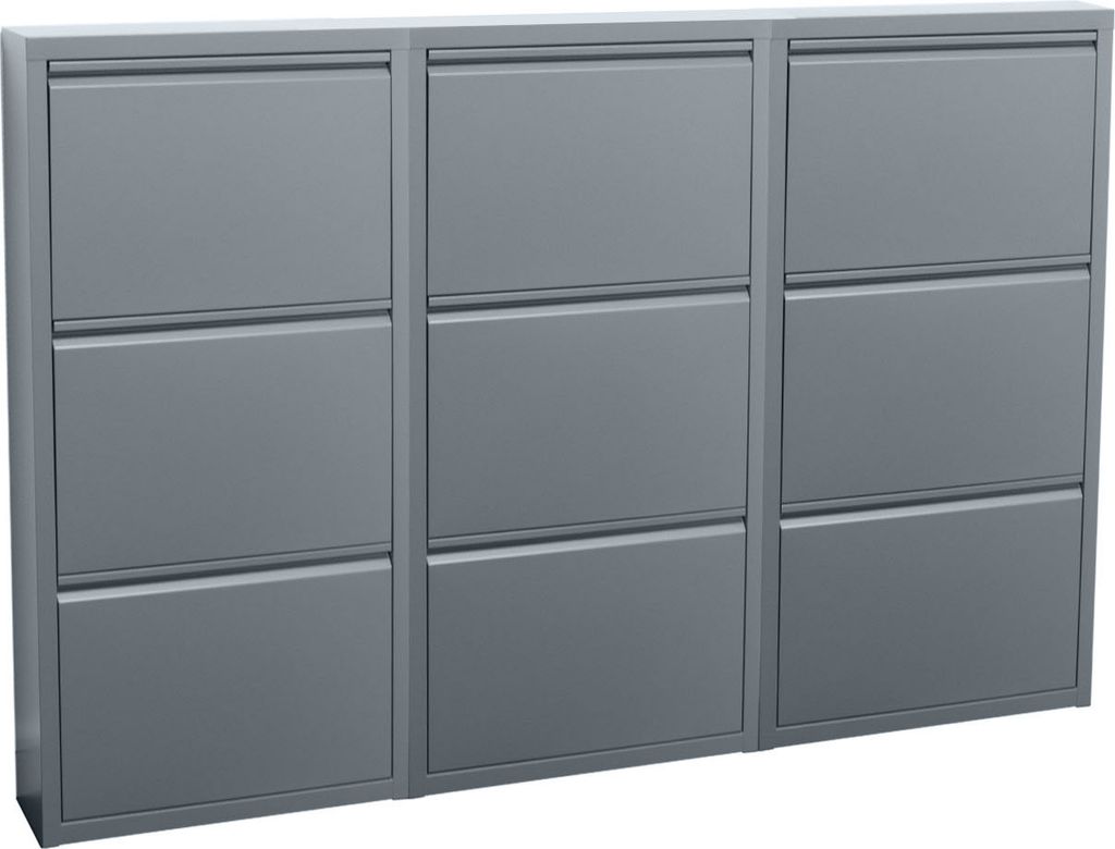 Pisa Schuhschrank mit 9 Klappen/Türen in Metall grau. Fertig montiert geliefert.