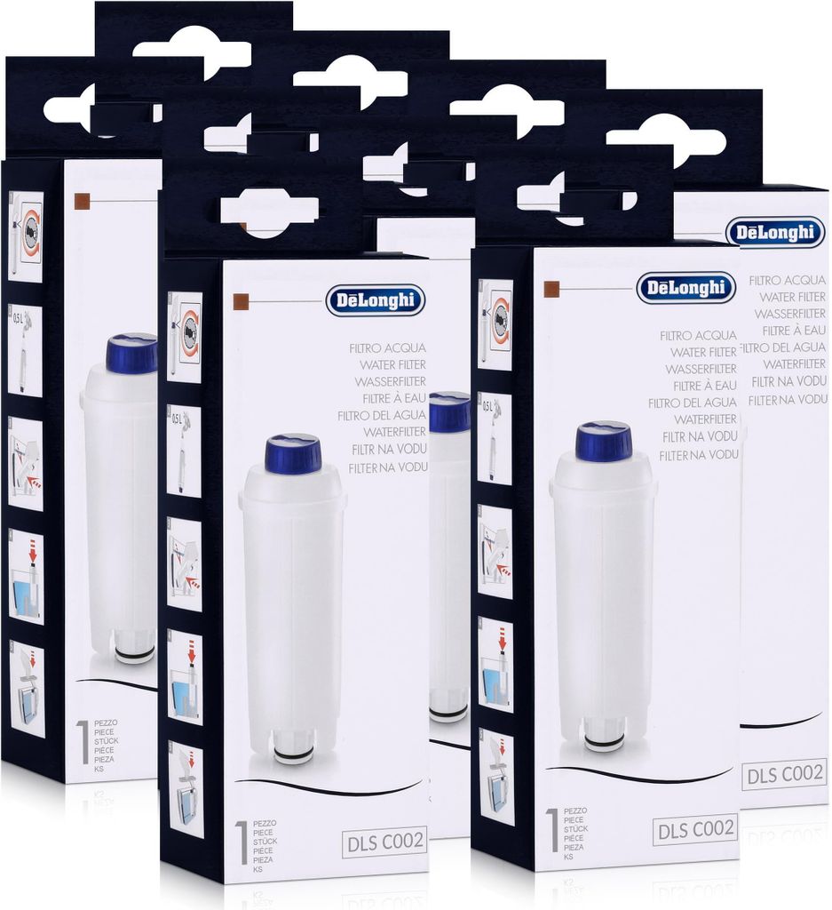 Multiple boxes of DeLonghi water filters are stacked and arranged in a way that showcases the packaging and the product inside.