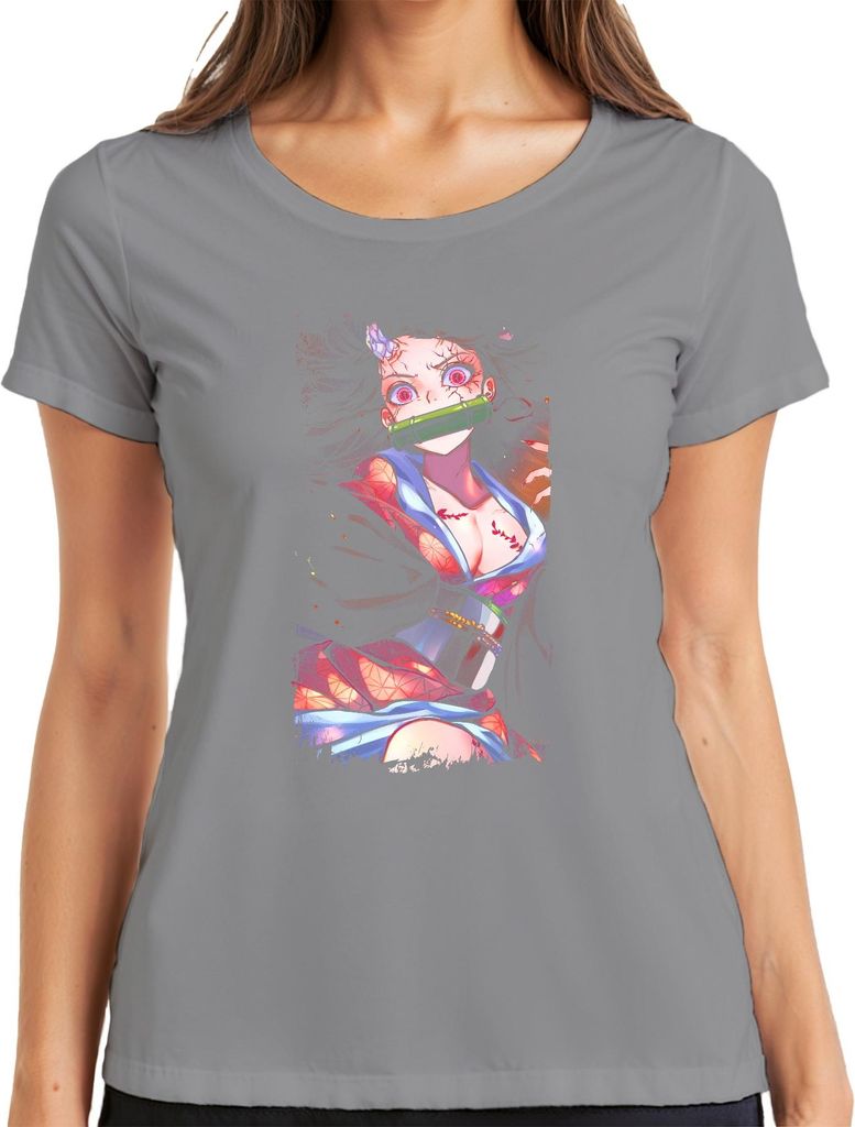 Nezuko Demon Slayer Bambusknebel rosa Augen Geschenk manga kawaii Damen T-Shirt, Grau, XL