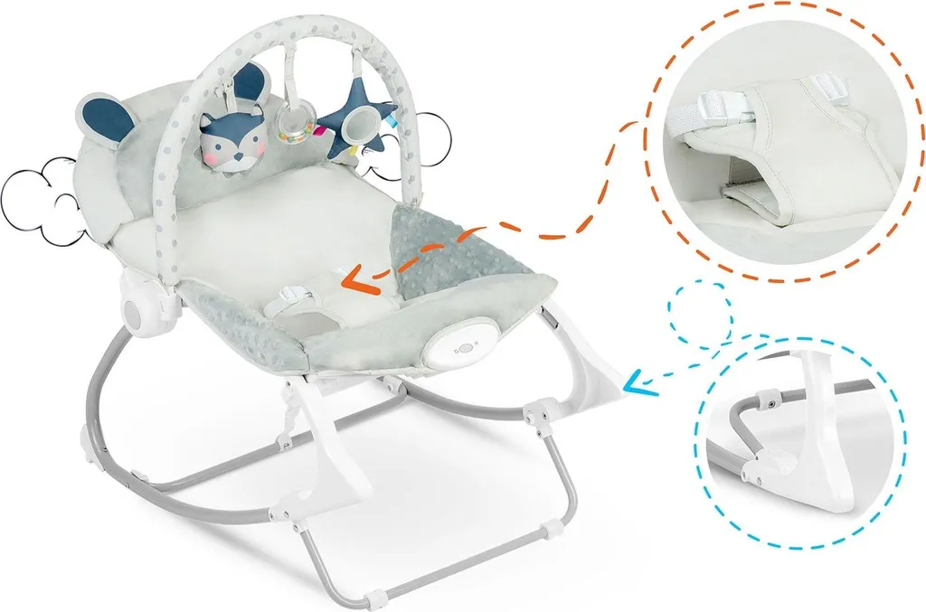 Transat bébé vibrant gris avec tissu doux et sécurité renforcée 0-9kg