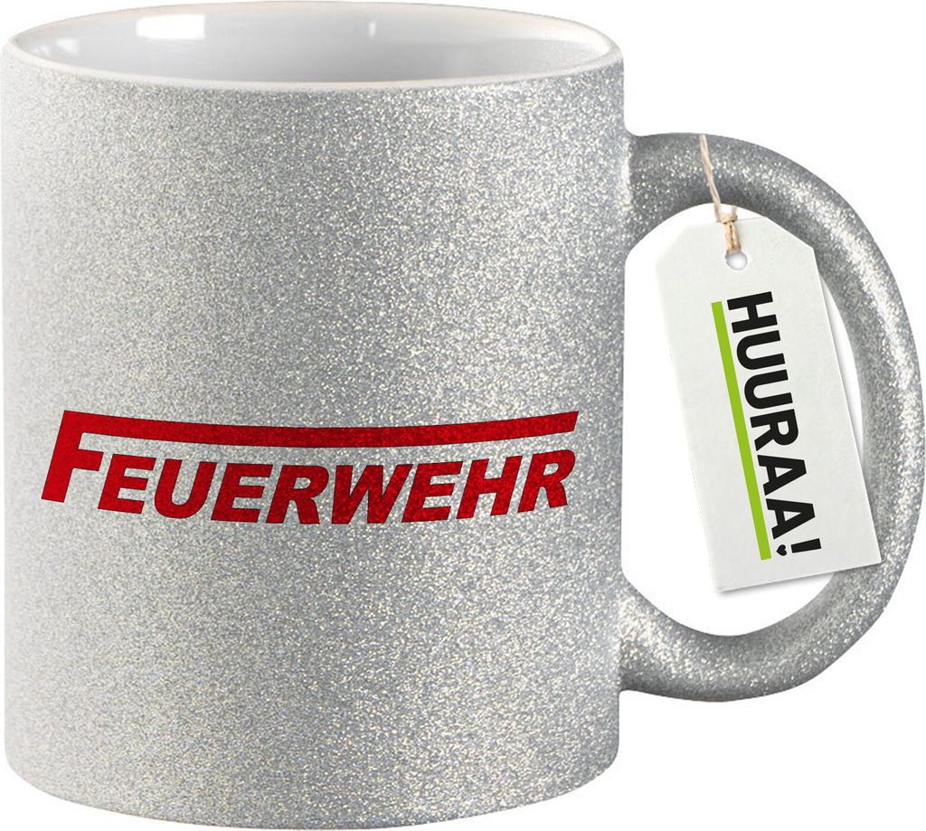 Huuraa Glitzertasse Feuerwehr 330ml Silber Keramik Kaffeebecher Geschenkidee