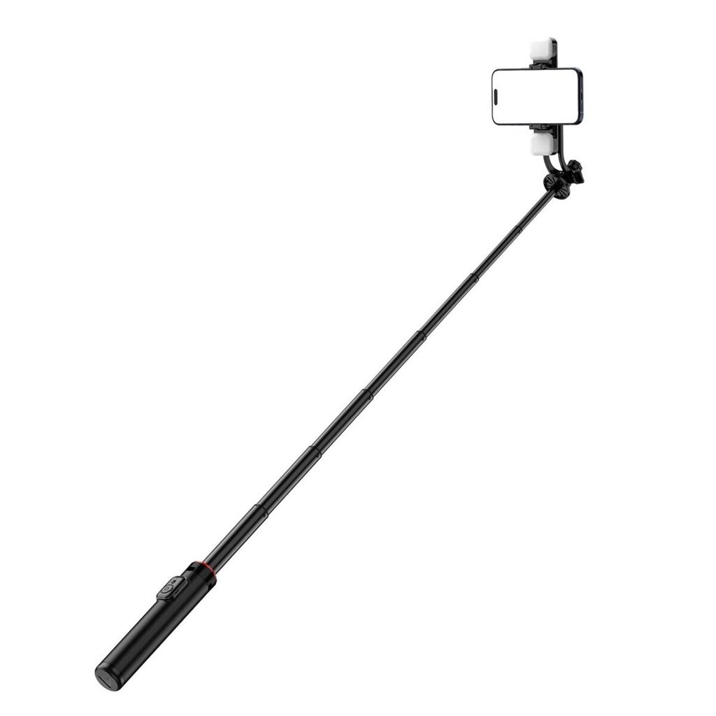 Teleskop-Selfie-Stick mit Fernbedienung + 2x LED-Lampen, Telefon-Stativständer, 1,3 m Aluminium - schwarz