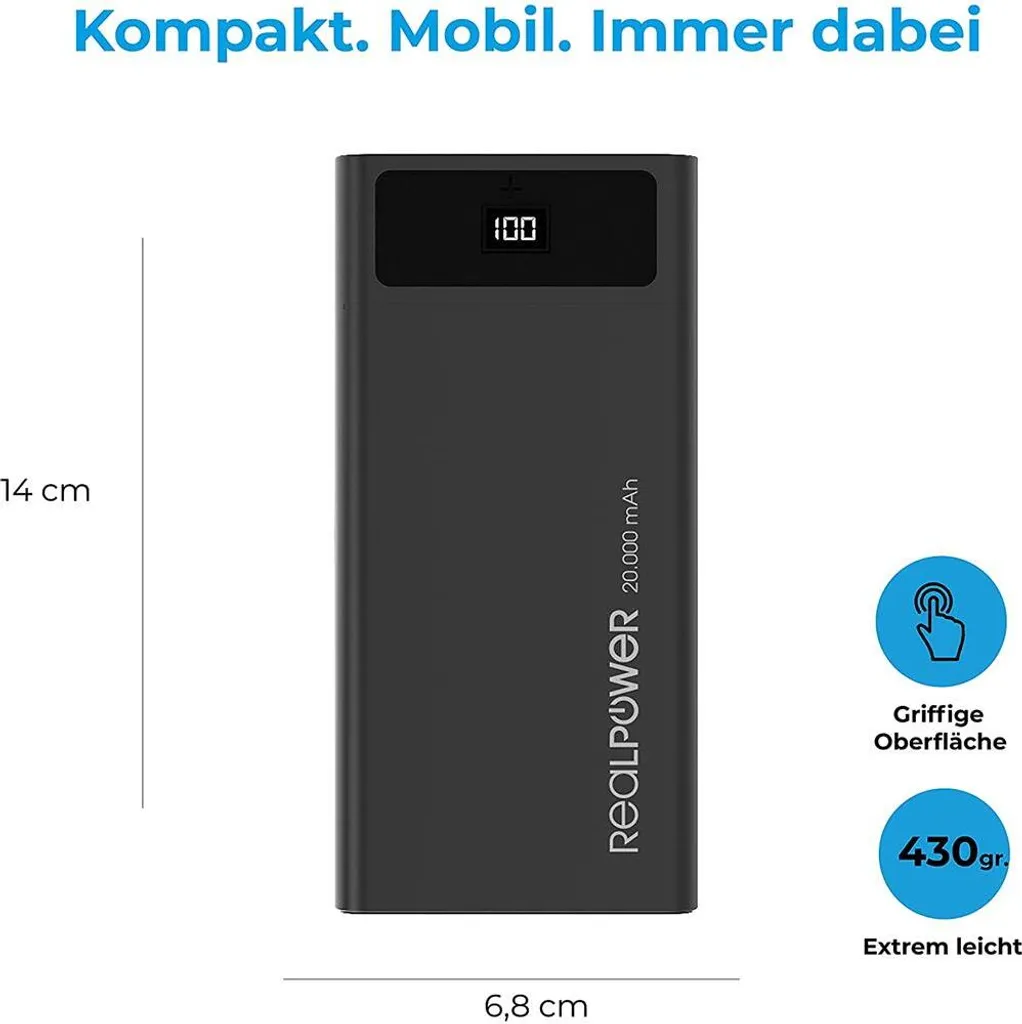 Powerbank 20000mAh Haute Capacité RealPower PB-20k PD avec Charge Rapide - 9