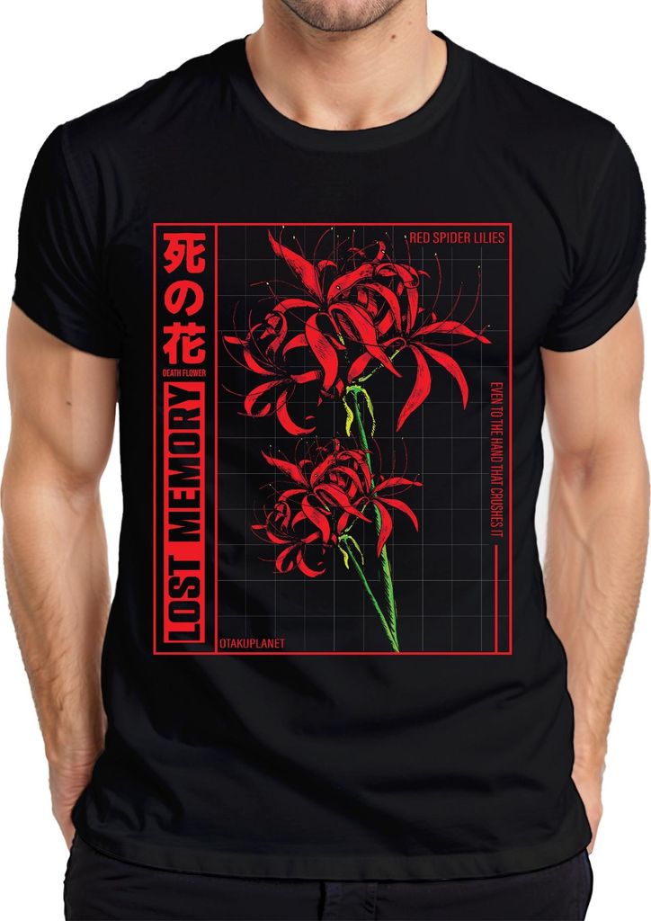 Rote Spinnenlilie LOST MEMORY japanische Blume Anime Otaku Ästhetik Herren T-Shirt, Schwarz, S