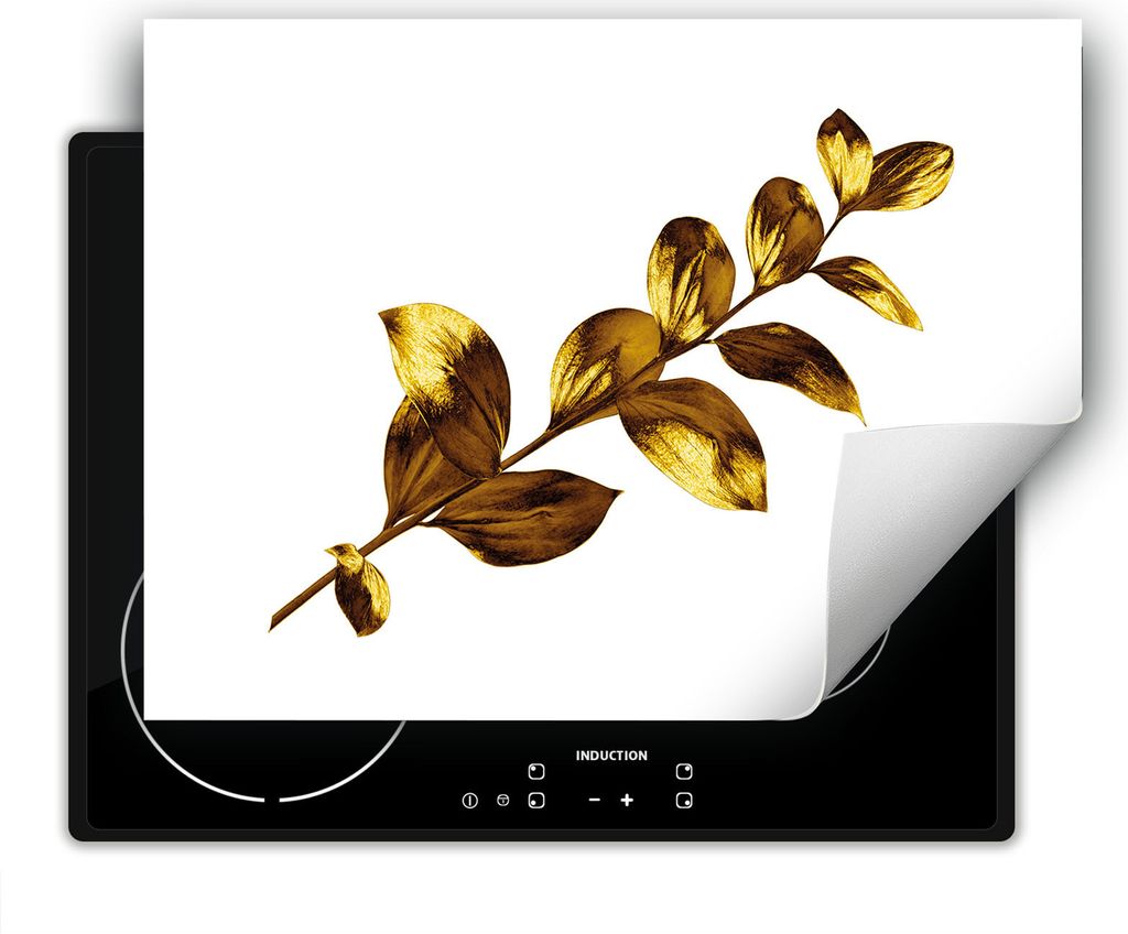 DarHaus Herdabdeckplatte 80x52 cm Anti Rutsch Matte Aufrollbar, weiß - gold - Blume