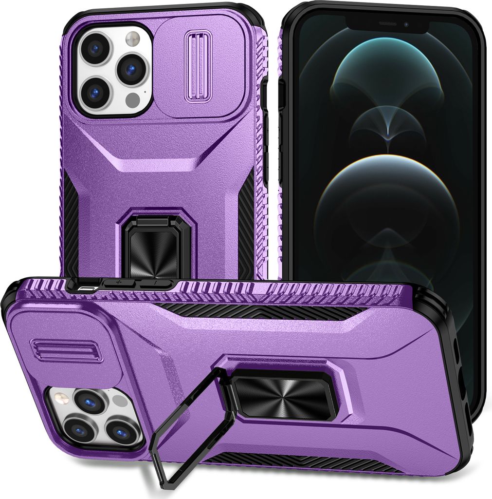 Handyhülle für iPhone 11 Pro Dual Layer Hülle mit Schiebe Kamera Schutz und Ringhalter Ständer Lila