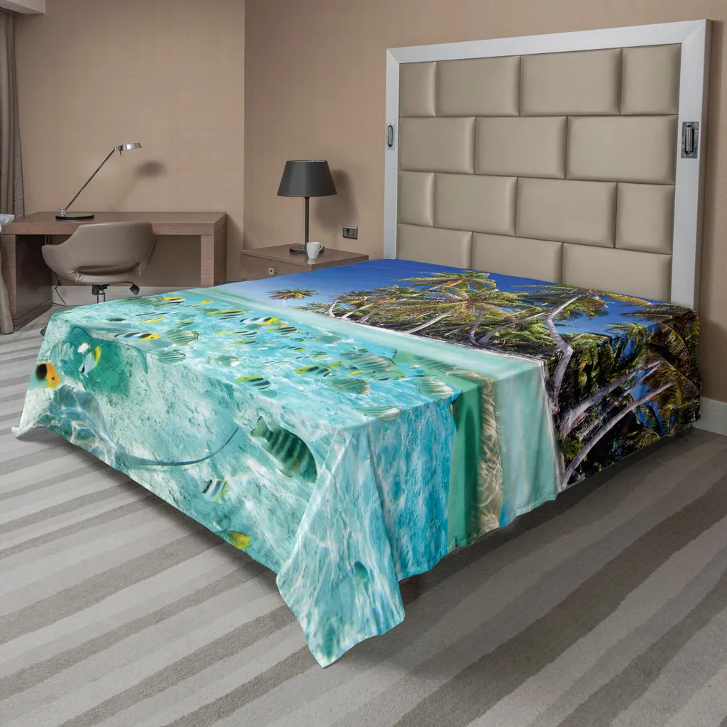 Drap de lit plat motif océan tropical 275x260 cm en tissu aqua ABAKUHAUS