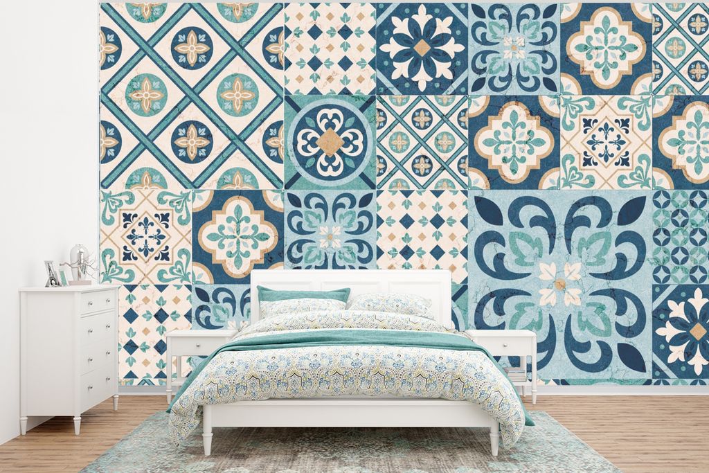 MuchoWow Fototapete für Wohnzimmer oder Schlafzimmer Wandtapete Vinyl Motivtapete Blumen - Blau - Design - Fliese - 350x260 cm - Wohnzimmer-Tapete