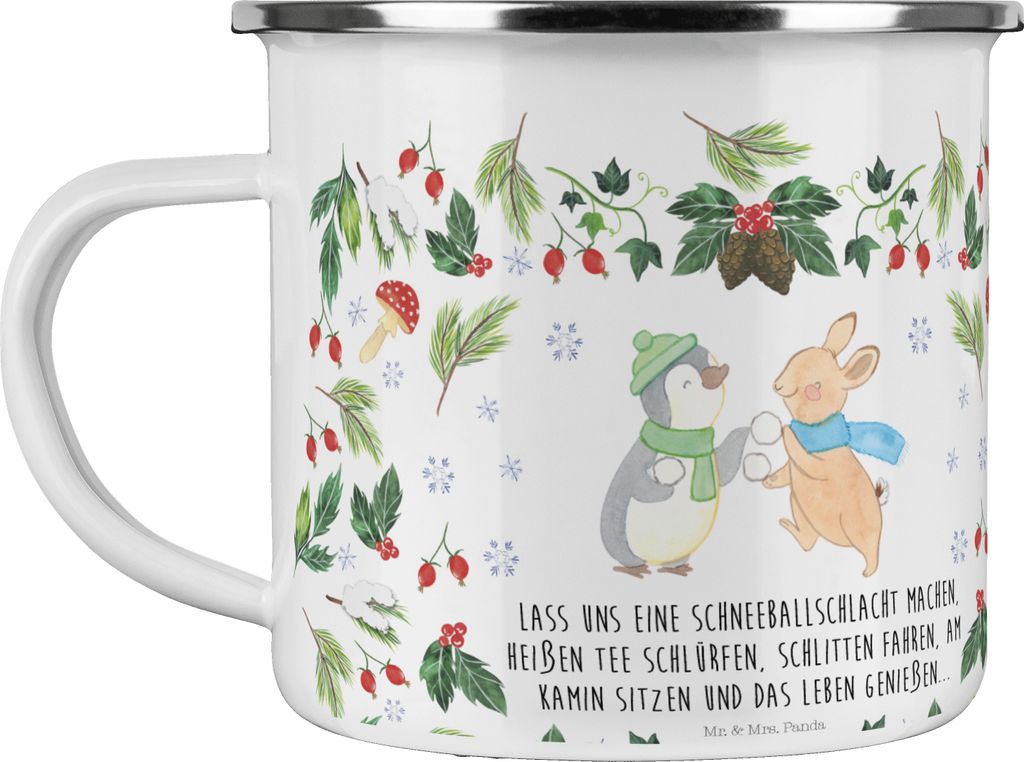 Mr. & Mrs. Panda Haferl Pinguin Hase Schneeballschlacht - Weiß - Geschenk, Emaille Becher, Tasse, Weihnachten, Teebecher, Pott, Teetasse, metallbe...
