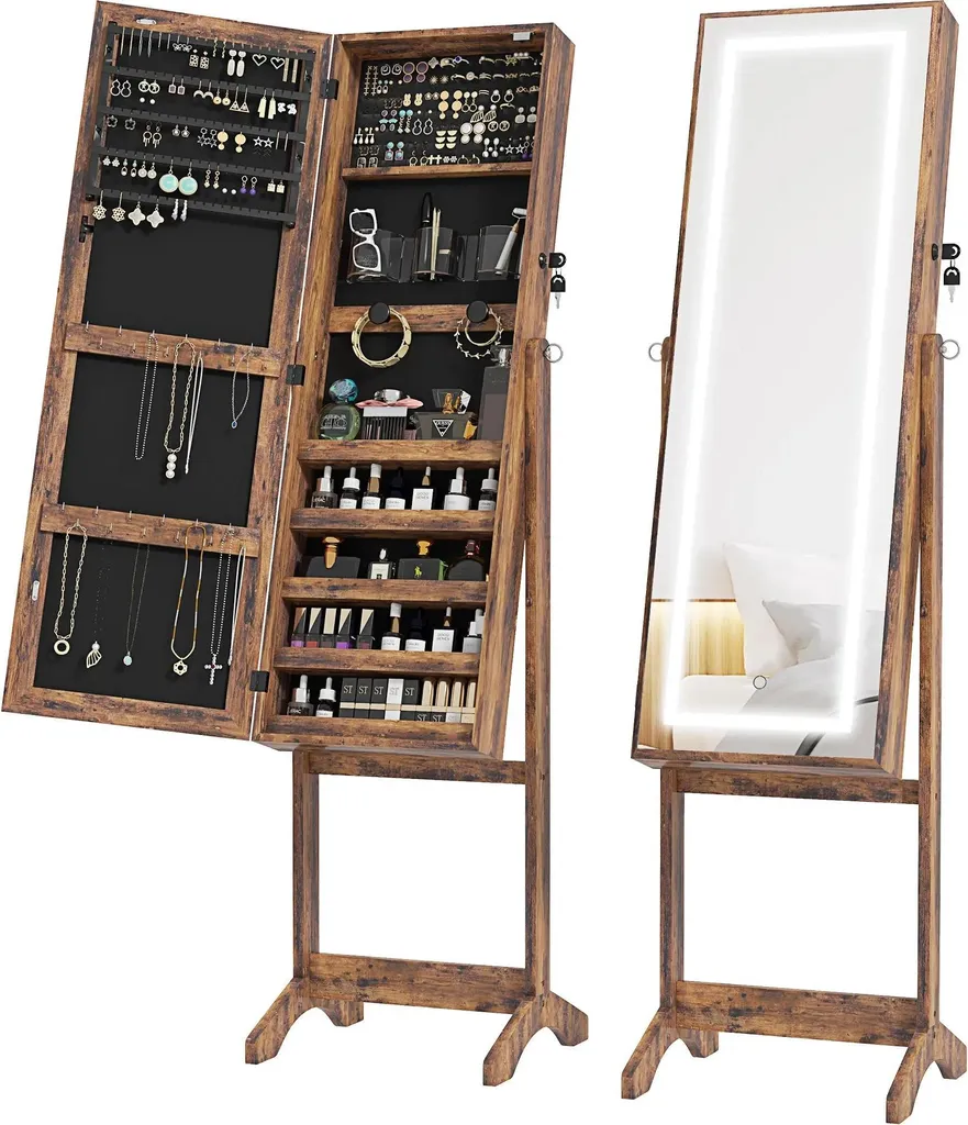 Psyché armoire à bijoux sur pied avec miroir LED et serrure à clé