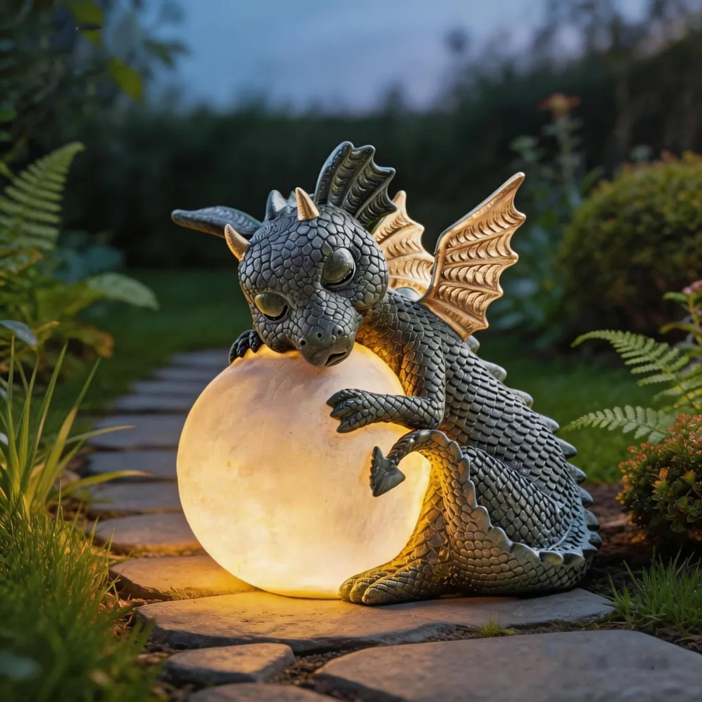 Dragon porte-bonheur en résine avec globe lumineux, décor jardin 25cm