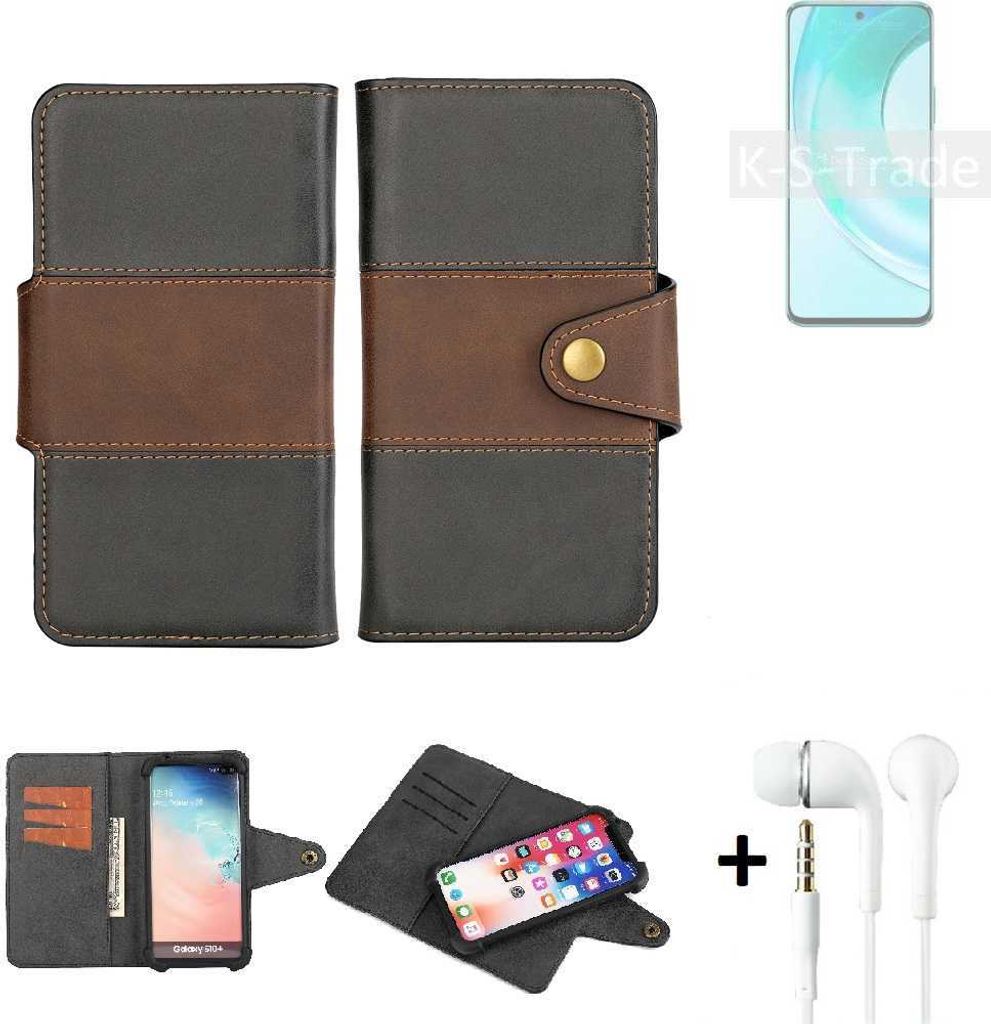 K-S-Trade Handyhülle Schutzhülle Bookstyle Wallet-Case kompatibel mit Wiko T50 + earphones Bumper rundumschutz schwarz-braun 1x