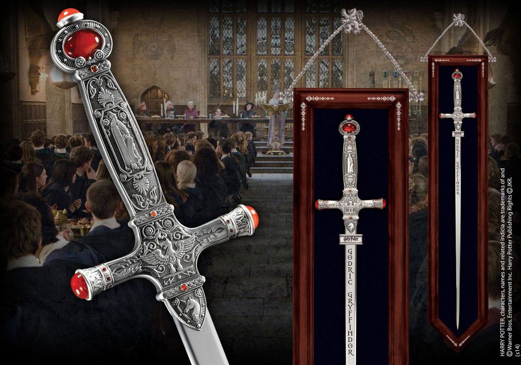 A collage of the Gryffindor sword from Harry Potter, displayed in various ways, with a background depicting a scene from the Harry Potter movies.