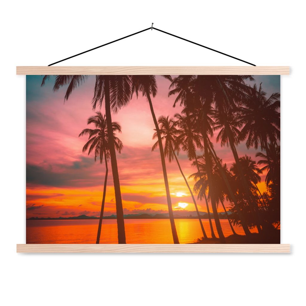 MuchoWow Textilposter Meer - Palme - Sonnenuntergang - Strand - Silhouette 120x80 cm mit holzfarbenen Rahmen - Aufhängeset