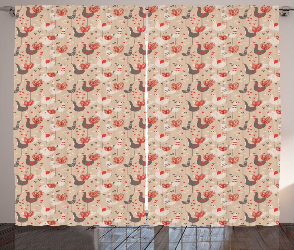 ABAKUHAUS Vögel Rustikaler Gardine, Hühner mit roten Ducklips, Schlafzimmer Kräuselband Vorhang mit Schlaufen und Haken, 280 x 245 cm, Taupe Beige