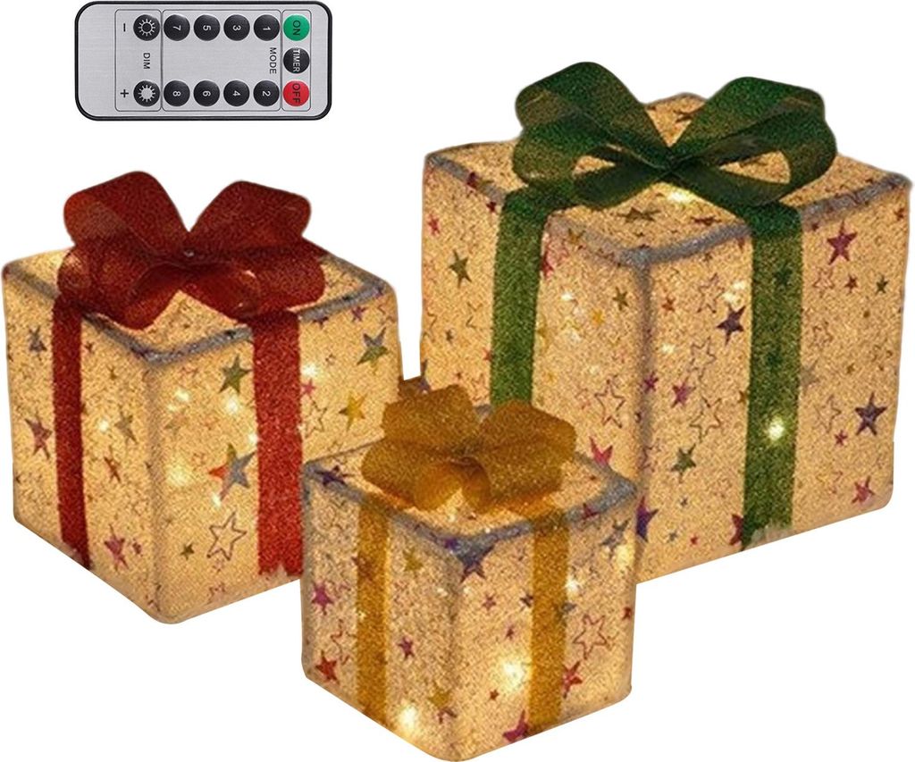 3er-Set beleuchtete Weihnachtsgeschenkboxen mit Schleife, LED-beleuchtete Geschenkboxen für drinnen und draußen, für Haus, Veranda, Weihnachtsba...