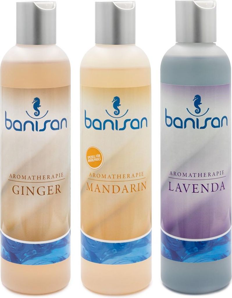 Banisan 3er Badezusätze Ginger, Lavenda, Mandarin, Aromatherapie 3x 250 ml, ergiebig, nicht schäumende Rezeptur für Whirlpools