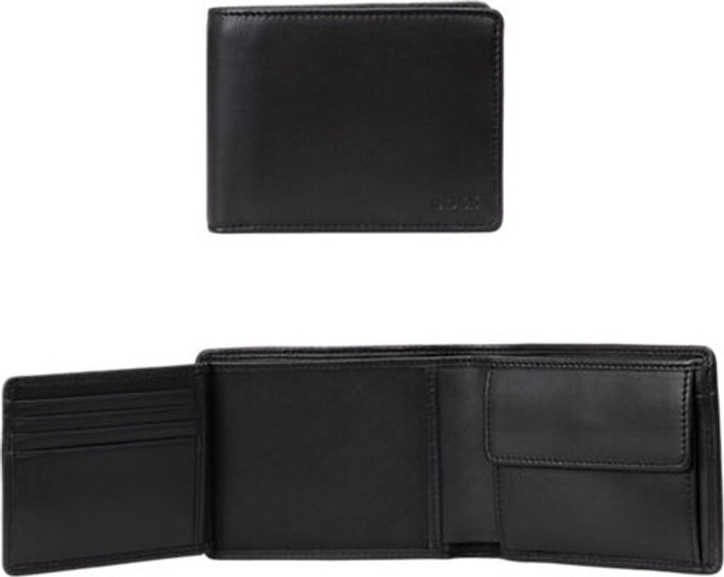 A black leather BOSS wallet shown from the outside and then opened up.