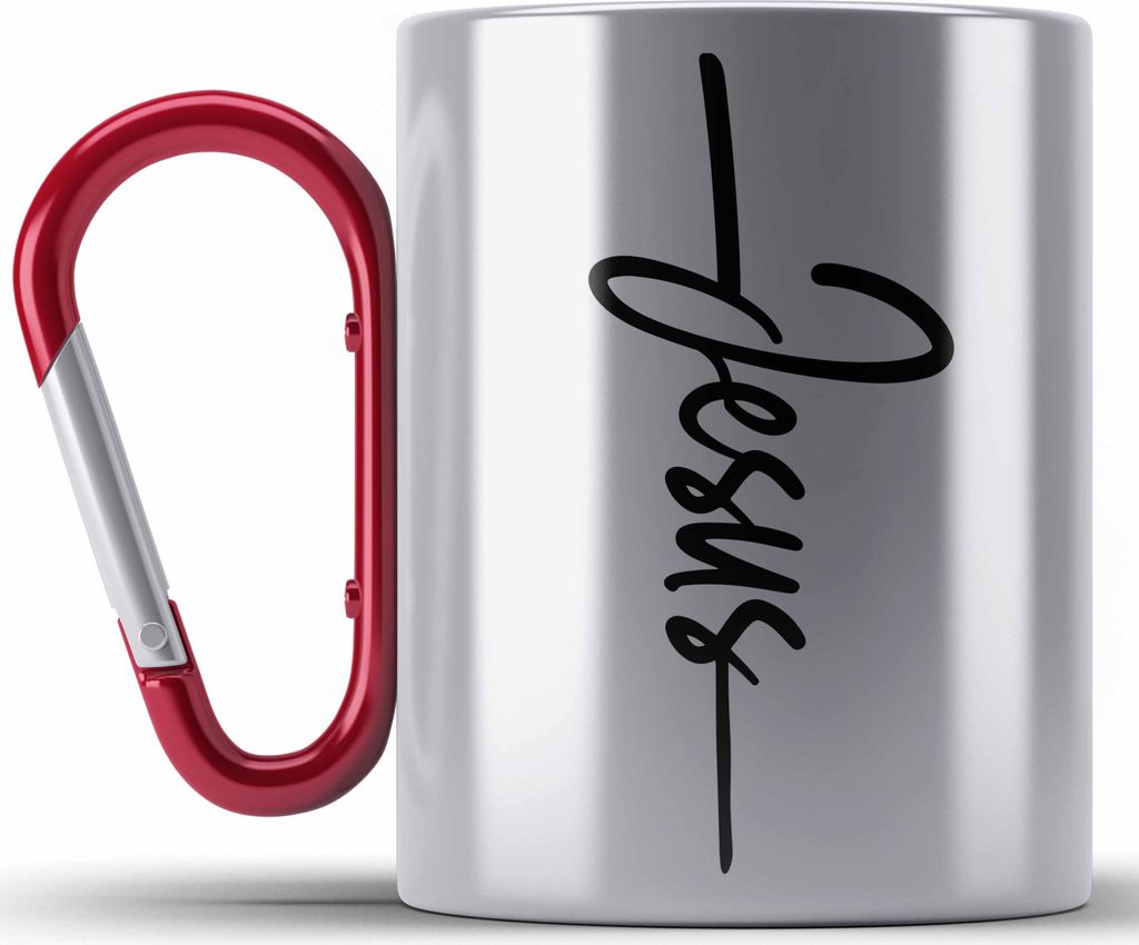 Trendation - Jesus Christus Edelstahl Tasse Karabiner Bibel Geschenk Kreuz Glauben Kirche Christliche Geschenkidee (Rot)