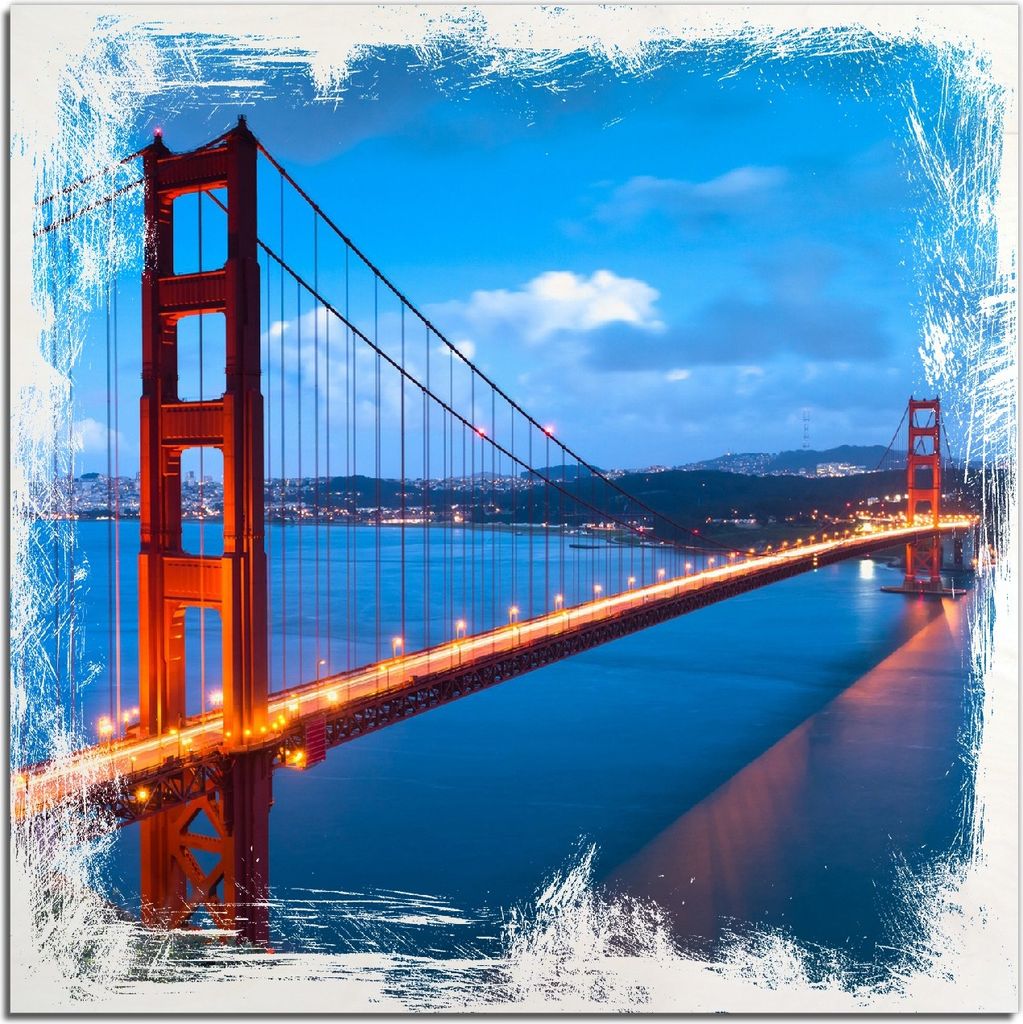 Kunstdrucke Wandbilder Holz in : Brillante Farben, Größe 50 x 50 cm Motiv Golden Gate Bridge in San Francisco USA