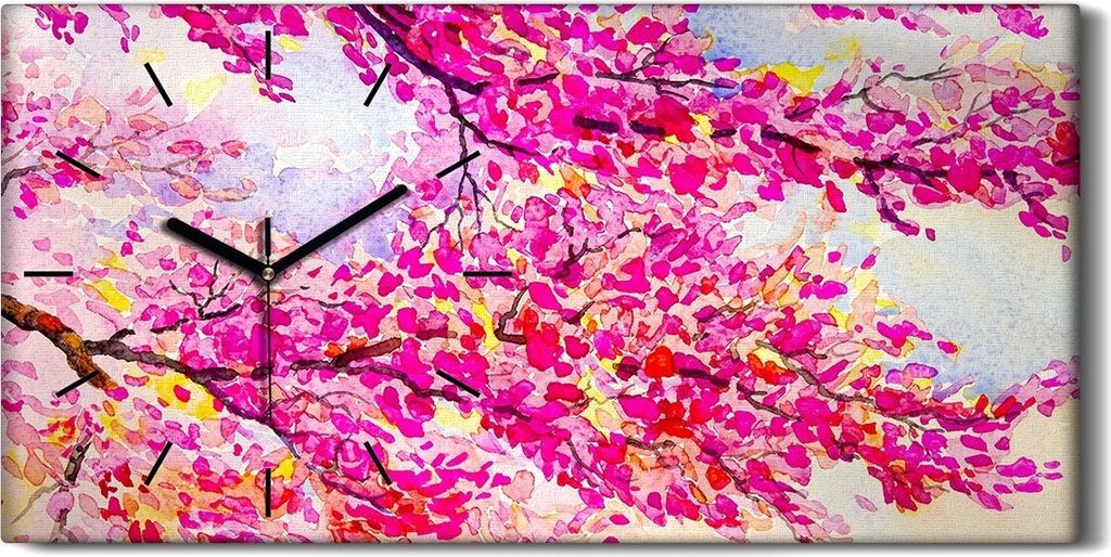 Wandbild Leinwand Bilder mit Uhr Geräuschlos 60x30 Aquarell Malerei Baum blätter - schwarze Hände