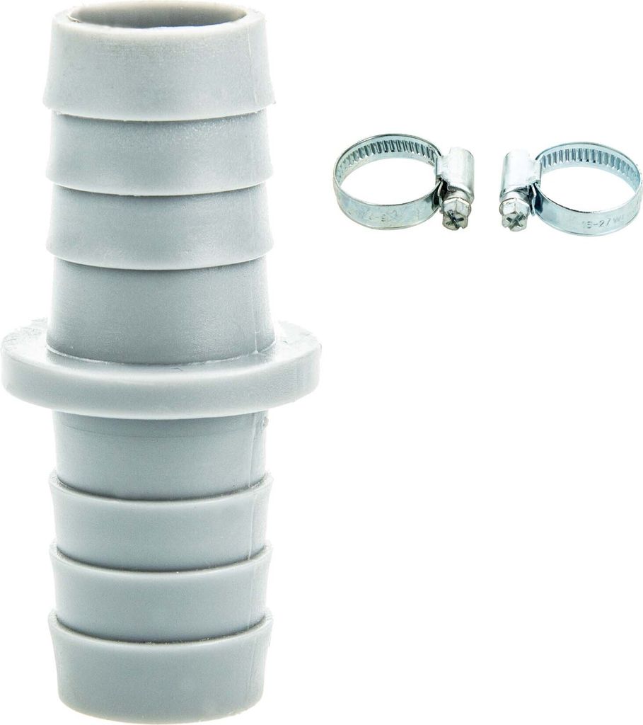 A gray plastic hose connector and two silver hose clamps on a white background.
