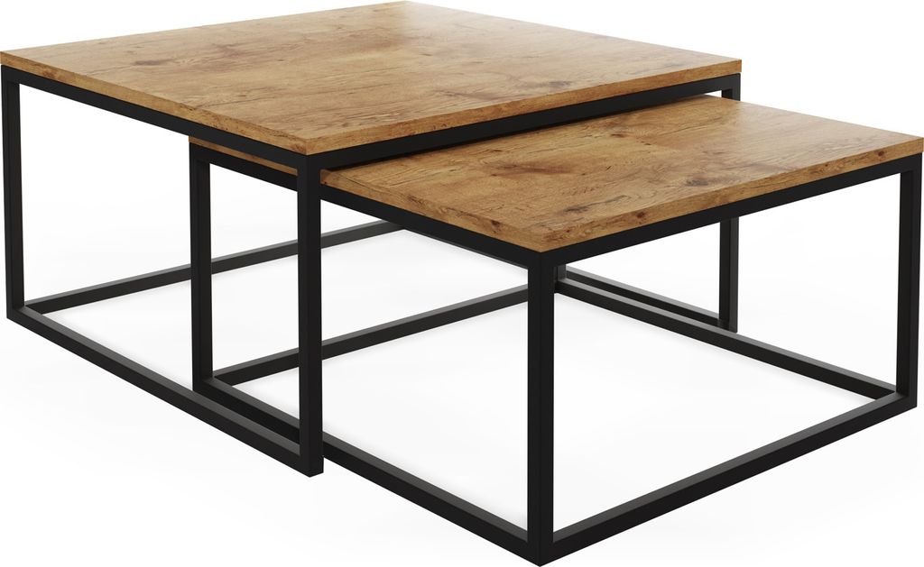 Rechteckige Quadratische Satztische Couchtische mit Schwarz Gestell - Loft Style Couchtische Metallbeine - 2 in 1 - Zwei Industrielle Getrennte Tis...