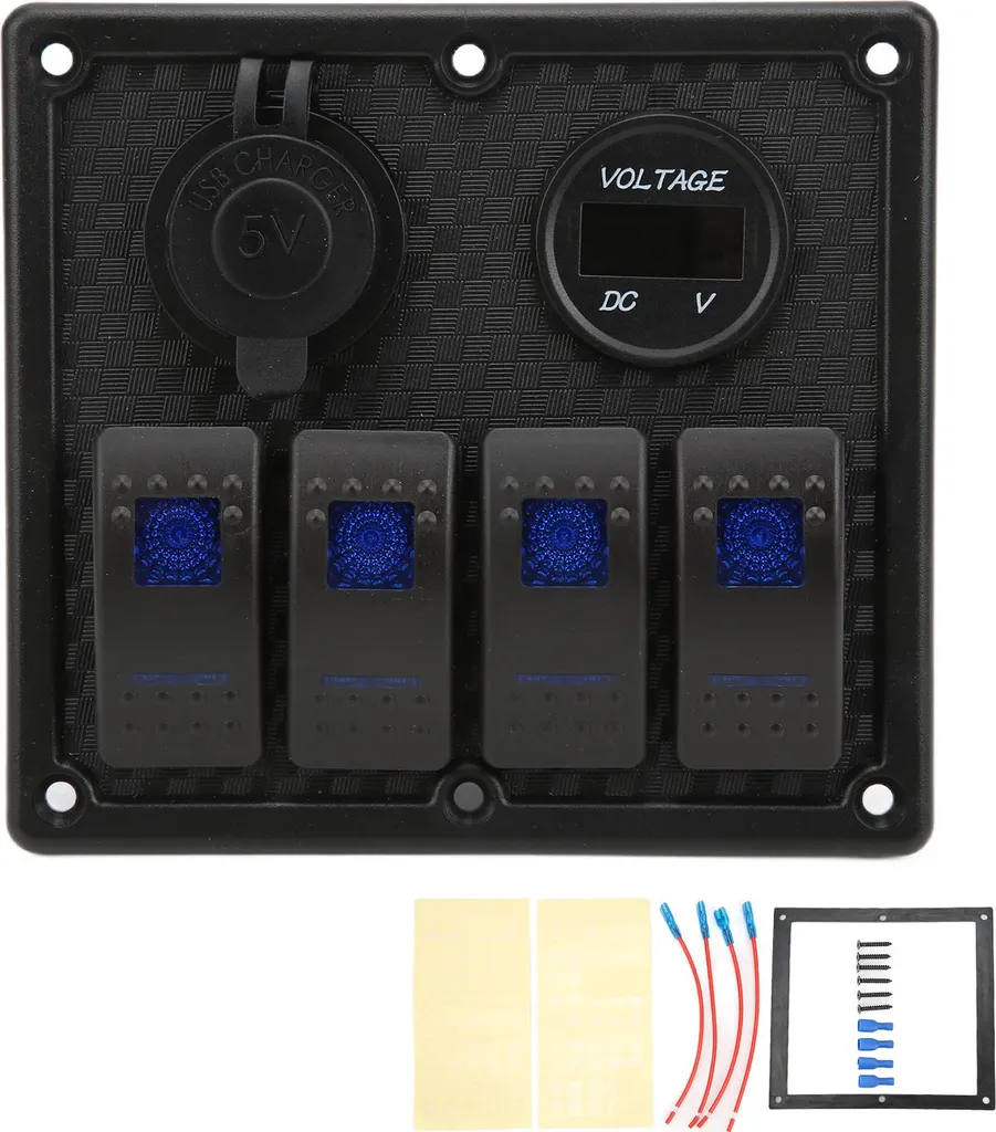 Pannello 4 Interruttori Universale 12V: Voltmetro Blu e USB 4.8A Rapida - 2