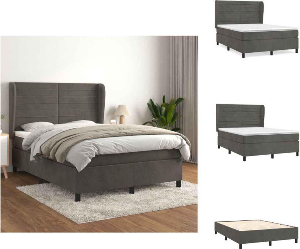 vidaXL Boxspringbett mit Matratze Dunkelgrau 140x200 cm Samt - Betten & Bettgestelle