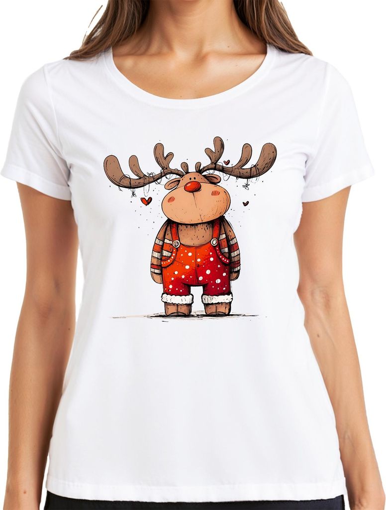 Niedliches Rentier Lichterkette Rotnase Weihnachten Geschenk Damen T-Shirt, Weiß, 3XL