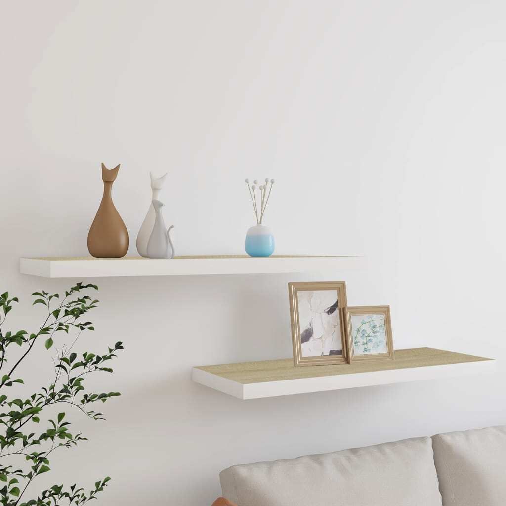 The Living Store Schweberegale 2 Stk. Eichen-Optik und Weiß 80x23,5x3,8 cm MDF