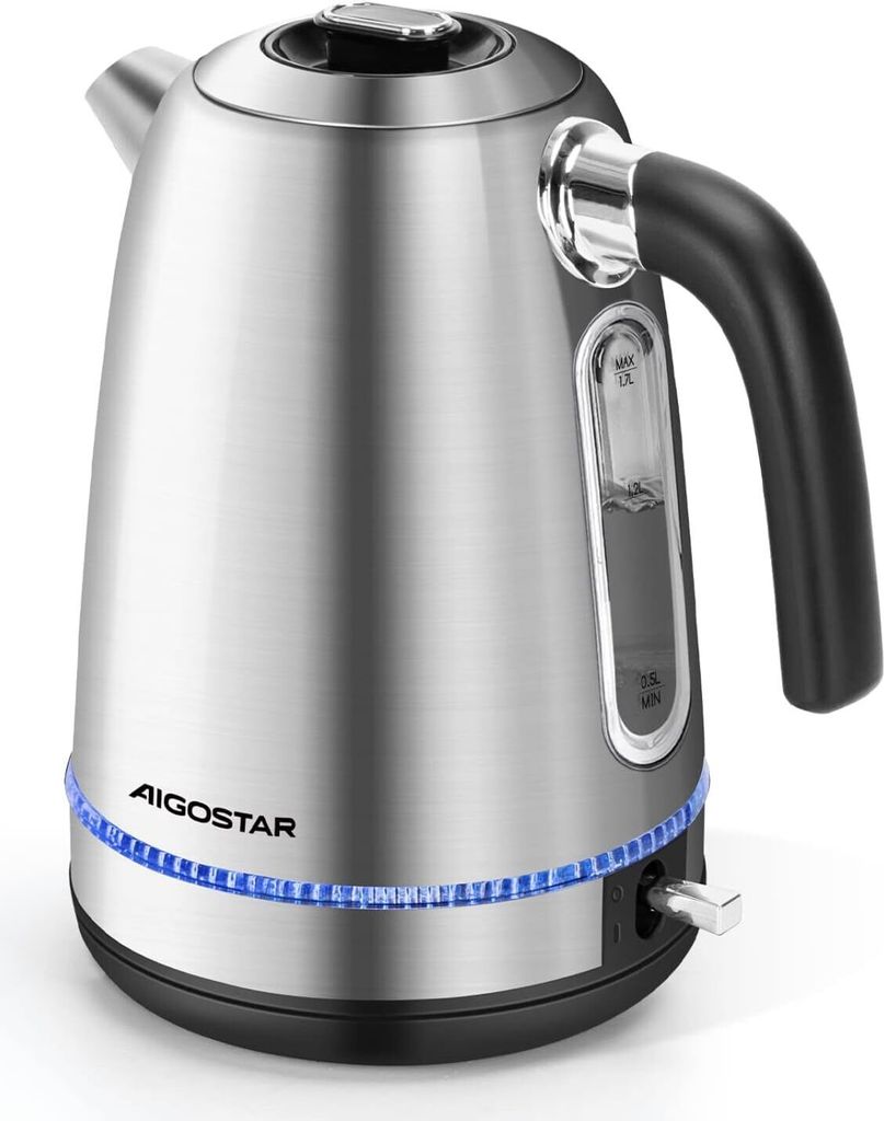 Wasserkocher Edelstahl 1,7L 2200W mit Blauer LED-Beleuchtung, Kalkfilter, Auto-Off, Trockenlaufschutz, Sichtbares Wasserfenster, BPA-frei