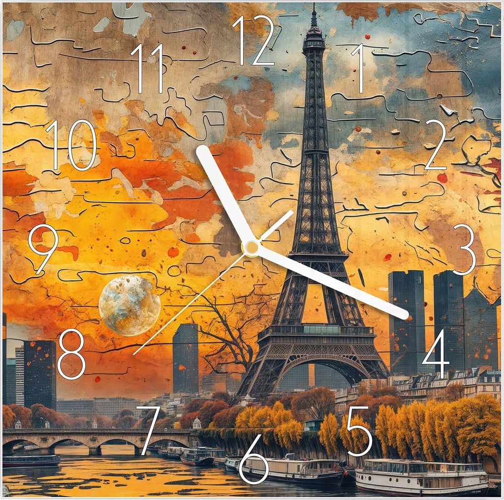 Wanduhr aus Glas mit Motiv Eiffelturm Skyline- 30 x 30 cm - inkl. Aufhängesystem