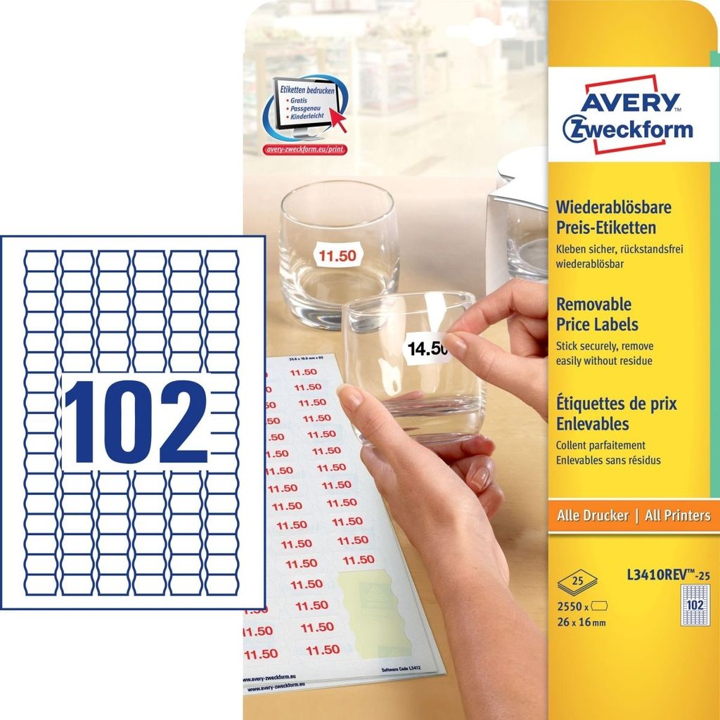 Preis-Etiketten 26x16 mm Preisetikett 25 Blatt/2550 Etiketten weiß Packung mit 30 Stück