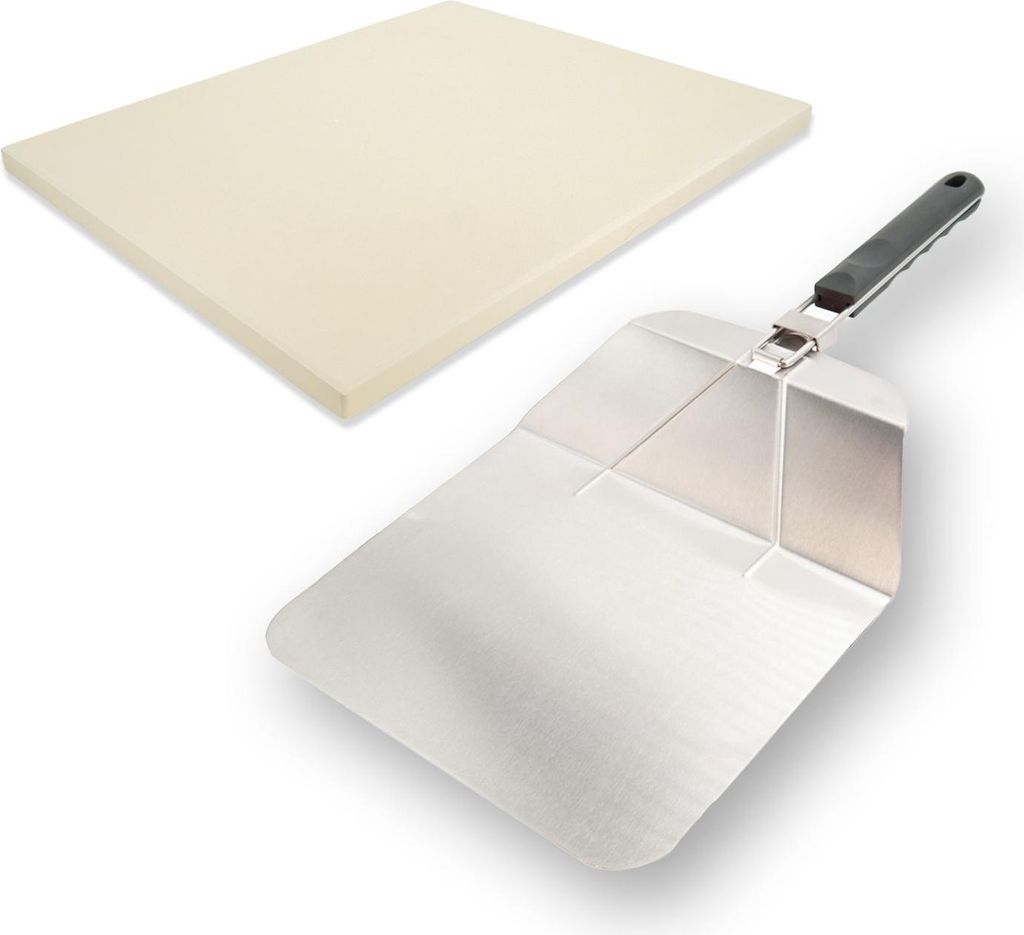 Intirilife Pizza Set Pizzastein Beige & Faltbarer Pizzaschieber - 38 x 30 cm Stein & Edelstahlschaufel, Ideal für Ofen & Grill, für Pizza backen,...