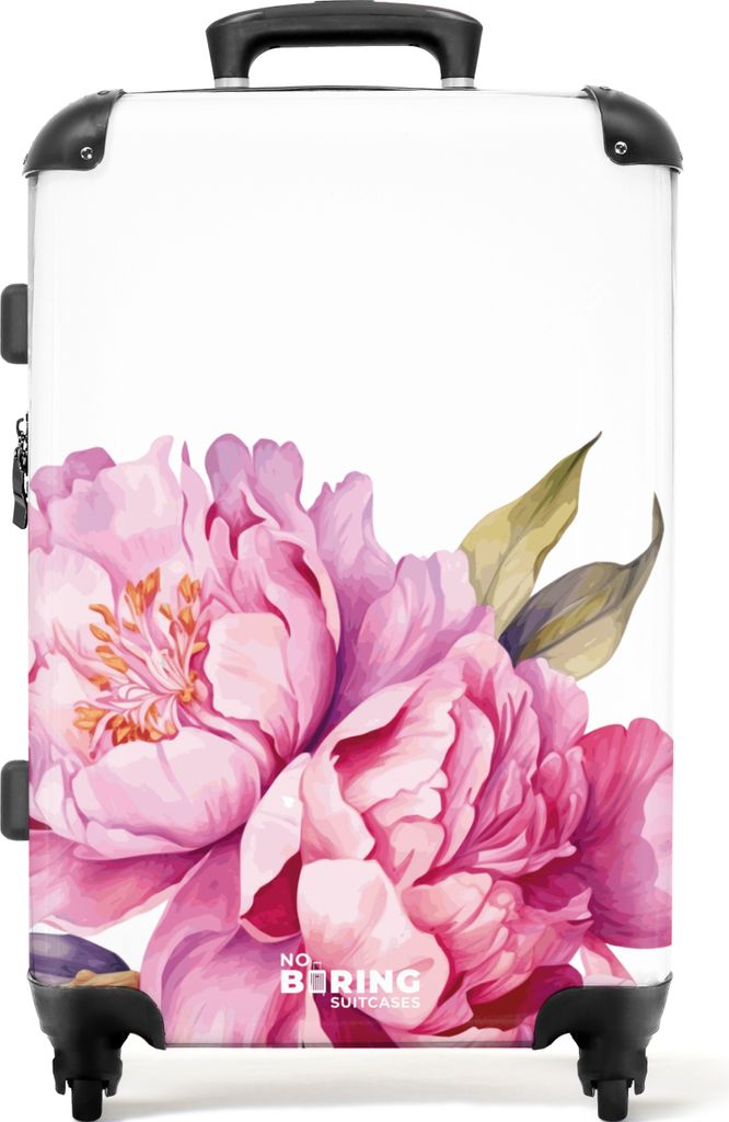 NoBoringSuitcases.com Großer Koffer - Weiß mit rosa Pfingstrosen - Kombinationsschloss TSA - Hartschalen Trolley 4 Rollen - 72 liter - Reisekof...