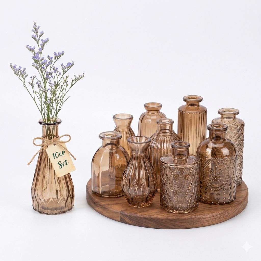 Relaxdays Vasen, 10er Set, strukturiert, Vintage-Design, Glas, H: 10–14,7 cm, kleine Dekovasen für Tischdeko, braun