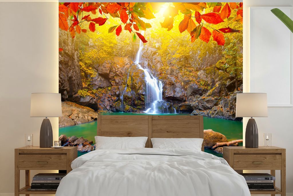 MuchoWow Fototapete für Wohnzimmer oder Schlafzimmer Wandtapete Vinyl Motivtapete Steine - Baum - Wasserfall - Herbst - Rot - 280x280 cm - Hinte...
